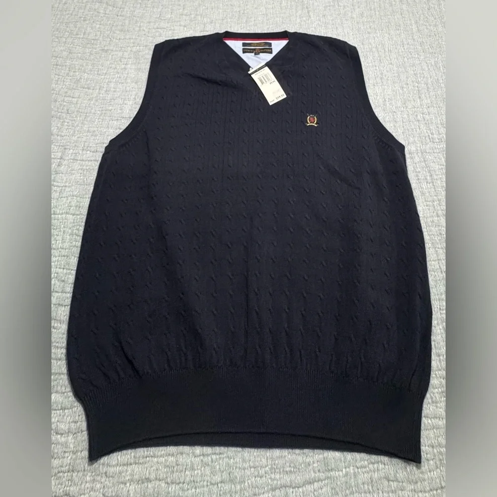 NWT Vintage Y2K Tommy Hilfiger Golf Mens M Cable Knit Sweater Vest‎ Navy 2003